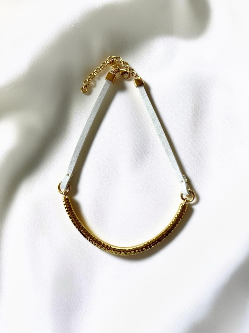 Gold Curved Bar Choker Necklace with White Strap, Length 18 inch